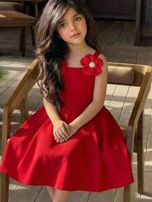 SHEIN Young Girl Elegant Sweet Pearl 3D Flower Camisole Splice Ruched Flared Princess Dress, Red, Valentine's Day - Red - View 2