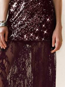 Arave 女士优雅亮片撞色蕾丝派对酒红色半身裙亮片长裙蕾丝长裙女士优雅半身裙情人节款 - 酒紅色 - 查看 4
