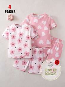 女童紫色花卉印花和冰淇淋印花全印花短袖短裤两件套睡衣 - 彩色 - 查看 3