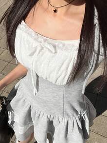 FRIFUL 女士蕾丝拼接连帽花瓣袖蛋糕裙迷你甜美夏日连衣裙 - 灰色 - 查看 5