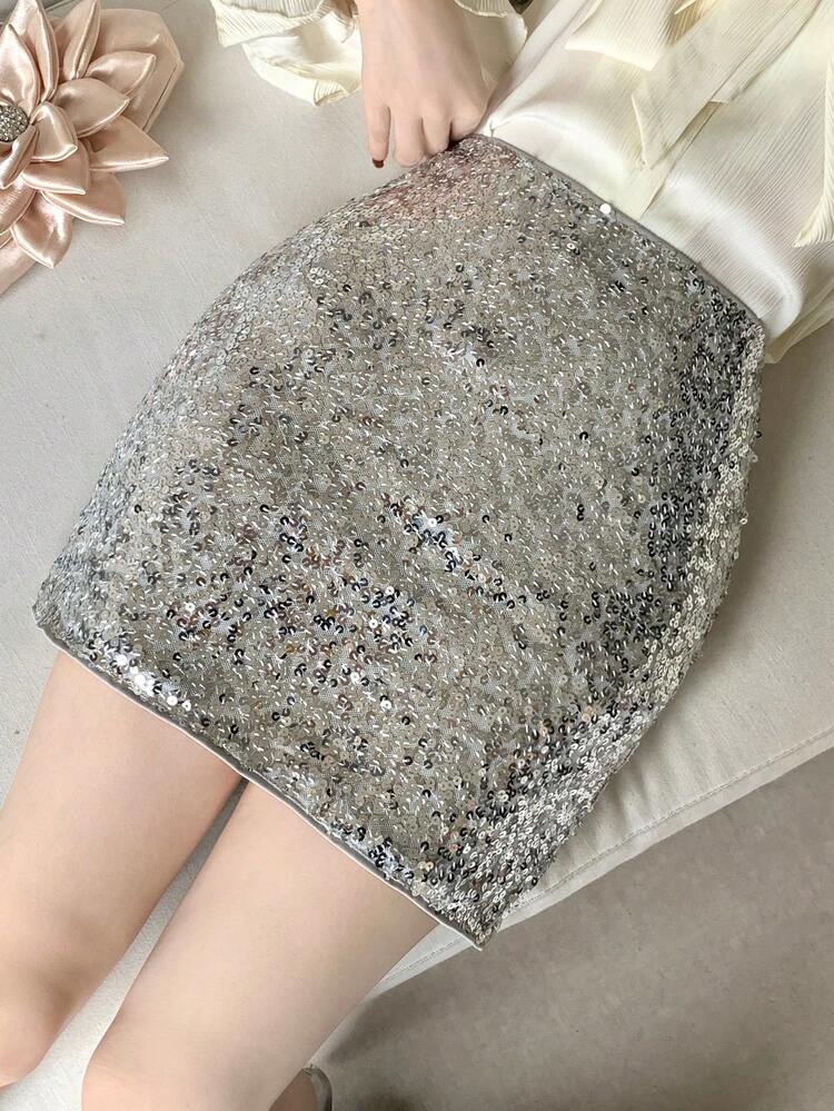 Women's Fashionable Sequin Bodycon Mini Skirt, Suitable For Party