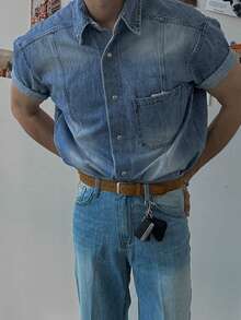 DAZY Men's Washed Denim Short Sleeve Shirt, Summer - Blue - View 4