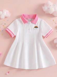 SHEIN Playful Pals 女婴白色休闲连衣裙，罗纹领口和袖口，适合休闲穿着、户外活动、运动和聚会。 - 粉色 - 查看 3