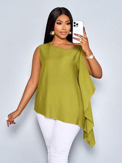 SOLERSUN Plus Size Women's Fashionable Solid Color Sleeveless Blouse With A Single Ruffled Sleeve, Flowing Round Neck, Loose And Casual Style. Perfect For Spring And Summer.Suitable For Everyday Commuting, Vacations, St. Patrick's Day, Easter, Modern, Music Festivals