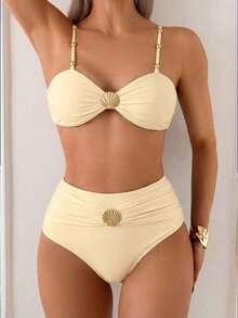 Swim Chiccia 2025 Spring/Summer Women's Elegant Vacation Metal Shell Buckle Beaded Strap High Waist Tummy Control Brown Bikini Set - Apricot - View 4