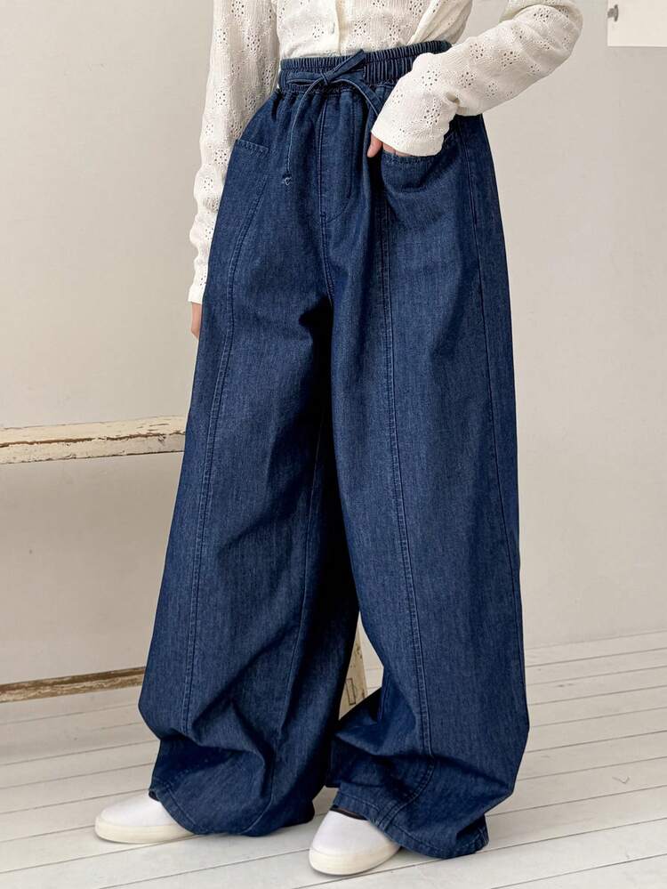 Tween Girls' High Waist Wide Leg Washed Denim Jeans, Summer