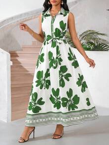 SHEIN Lady Women's Elegant Floral Print Button-Up Sleeveless Dress, Summer - Multicolor - View 5