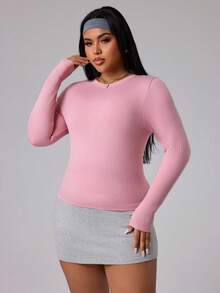 SHEIN Sports Plus Size Women Striped Textured Long Sleeve Activewear - Dusty Pink - View 3