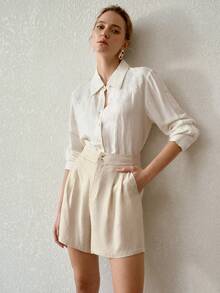 MOTF PREMIUM WOMEN'S LINEN CLASSIC VERSATILE NEW COMFORTABLE SHORTS, SPRING/SUMMER - Khaki - View 6