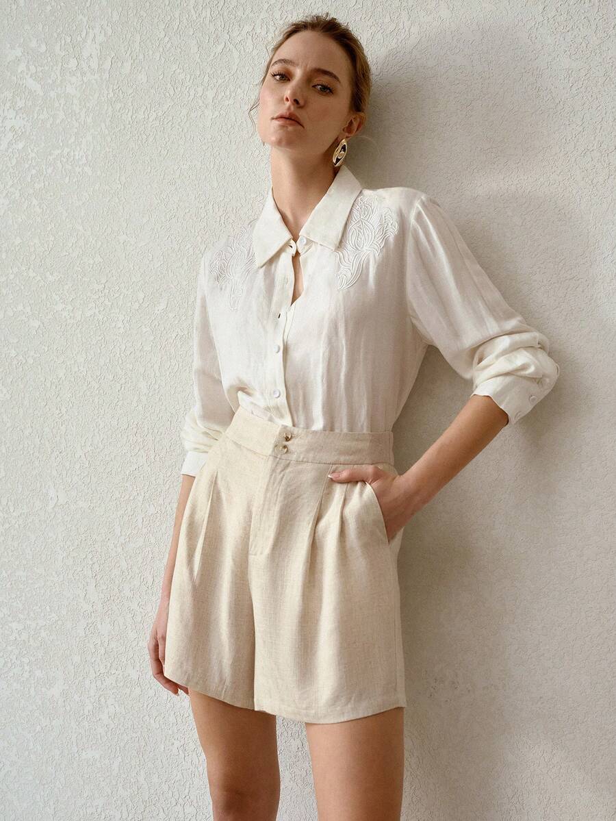 MOTF PREMIUM 女士亚麻经典百搭新款舒适短裤，春夏款 - 卡其色 - 查看 1