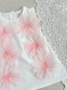 SHEIN 女婴优雅甜美粉色连衣裙，饰以桃色花朵，夏季 - 白色 - 查看 6