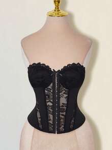 SHEIN ICON Women's Elegant Sheer Lace Bustier Top - Black - View 1