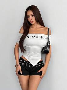 valorelle valorelle Damen Mode Off-Shoulder, sexy Buchstaben-Muster Lässig asymmetrisches Kurzarm T-Shirt, Streetwear, geeignet für den täglichen Gebrauch - Verschiedenfarbig - Übersicht 7