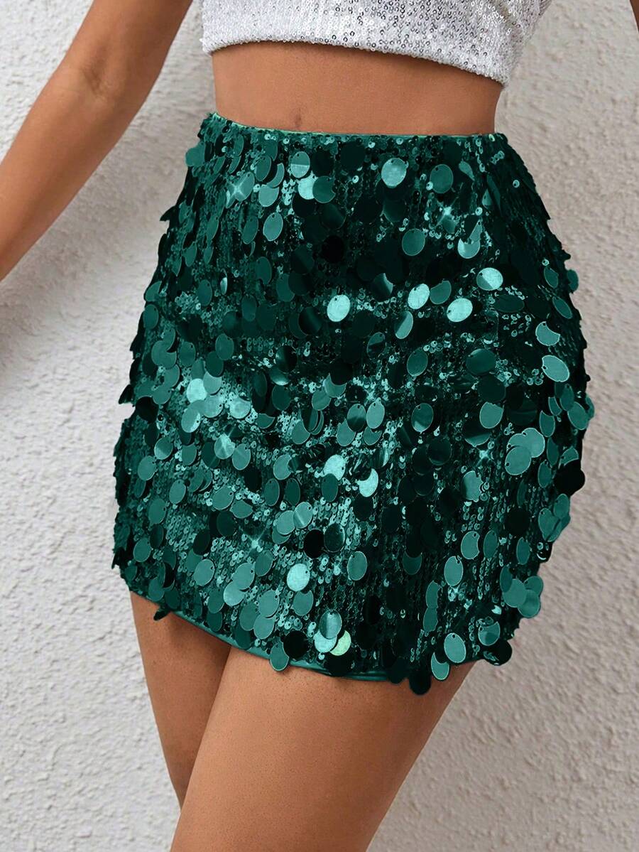 SHEIN PETITE 女士纯色亮片修身短裙，夏季 - 綠色 - 查看 1