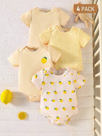 Bộ áo liền quần 4 món cho bé sơ sinh in hình chanh, họa tiết sọc và caro, chất liệu vải dệt kim co giãn, thoải mái cho các bữa tiệc, kỳ nghỉ, dã ngoại và chụp ảnh.
