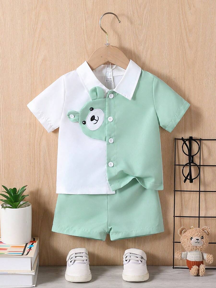 SHEIN 2pcs/Set Summer Casual Cute 3d Bear Printed Shirt And Shorts Outfits For Baby Boys - Green - View 1