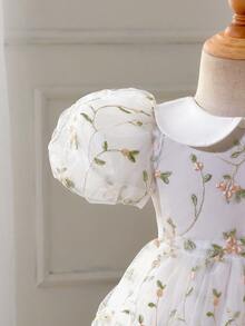 SHEIN Glamorique Kids 刺绣薄纱泡泡袖A字型女婴/幼儿派对礼服 - 杏色 - 查看 6