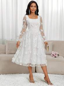 SHEIN Lady Women's Elegant Contrast Mesh Applique Square Collar Long Sleeve Dress, Autumn - White - View 6