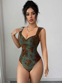 SHEIN Elenzya 女士针织提花褶裥连体衣 - 墨綠色 - 查看 6