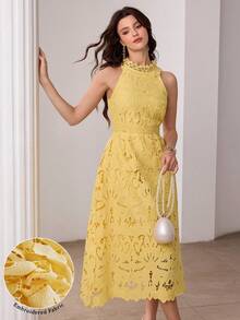 Modelyn Women's French Style Yellow Halter Neck Hollow Out Embroidery Sleeveless Casual Slim Dress - Yellow - View 2