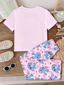 SHEIN Pijama de estilo ballet con estampado de corazón de conejo azul de dibujos animados rosa kawaii, adecuado para niñas jóvenes, ajuste ceñido, cuello redondo, manga corta, apropiado para el verano, estilo dulce y acogedor, nueva colección 2026, vibraciones de vacaciones, fácil comodidad, estilo Y2K, ropa para niñas jóvenes, conjuntos de ropa para niñas, ropa para niñas - Multicolor - Ver 4