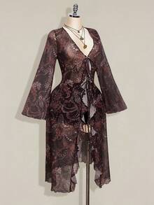 SHEIN ICON Áo dài tay dáng rộng dành cho nữ, họa tiết hoa, thắt nơ phía trước, kiểu dáng thường ngày. - màu nâu - Xem 6