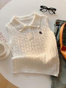 SHEIN EZwear 女士休闲无袖针织Polo衫，骑士图案 - 白色 - 查看 5