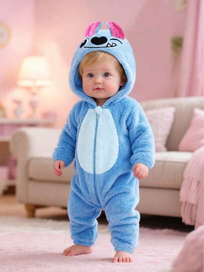 SHEIN Baby/Baby Boy/Girl Fleece Thickened Hooded Jumpsuit, Jumpsuit Outfits, Comfortable Versatile Fashion Daily Cute Ear Design Costumes, Suitable For Indoor, Outdoor Skiing, Daily Wear, Sports, Play, Party, Photo Shoot, Holiday, Halloween Warm Jumpsuit For Baby Boy New Born Baby Boy Clothes Winter Baby Fleece Jumpsuit Baby Cartoon Clothes
