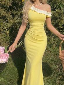 SHEIN MOD Đầm dài nữ thanh lịch, phối màu, viền bèo nhún, vai lệch, tay ngắn, xếp ly, ôm dáng. - Màu vàng - Xem 7