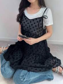FRIFUL Maiou casual pentru femei, cu imprimeu de papion, în carouri și bretele, stil patchwork, toamnă - Negru - Vizualizare 2