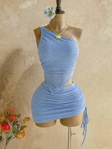 Soleia 1套度假针织交叉吊带背心+针织抽绳紧身裙 - 藍色 - 查看 3