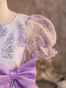 年轻女孩修身可爱度假风中长连衣裙，方领，泡泡袖，撞色蝴蝶结装饰。 - 紫色 - 查看 8