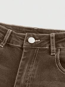 ROMWE Grunge Punk Women's Leopard Embroidered Pocket Flare Leg Skinny Jeans - Brown - View 4