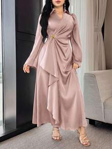 Modelyn Đầm dài tay xẻ tà màu trơn dành cho nữ, trang trí kim loại, xếp ly. - Hồng - Xem 4