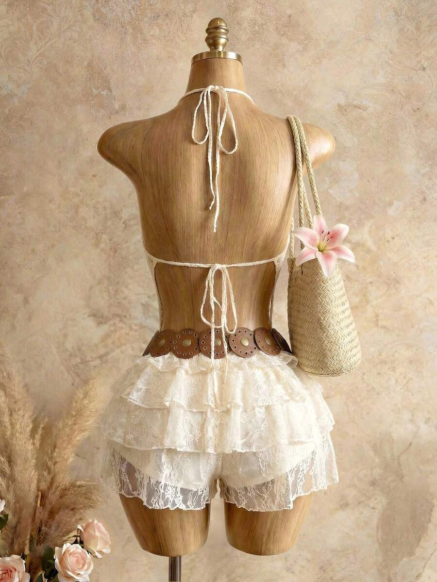 Mistrie Lace Cake Tie-Up Sexy Halter Jumpsuit Romper For Women, Spring/Summer - Apricot - View 1