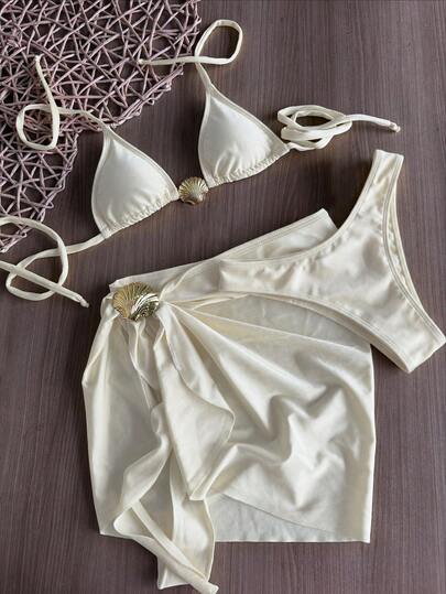 Swim Vcay Solid Color Backless Tie Design, Shell Decor, Sweet & Elegant Women's Swimwear Set