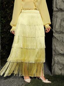 VOLUPTÉ CURVE Plus Size Spring/Summer High Waist A-Line Skirt, Elegant Satin Patchwork With Tassel Hem, Suitable For Work, Party And Daily Wear, Yellow Tassel Skirt - Yellow - View 4