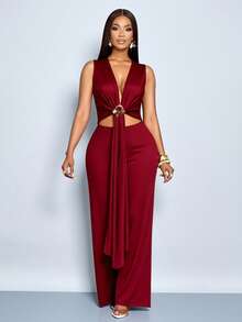SOLERSUN Bộ jumpsuit nữ màu đỏ tía thanh lịch không tay, cổ chữ V sâu, khoét eo, thắt lưng kim loại xếp nếp, ống rộng, thích hợp cho buổi tối/tiệc tùng/hẹn hò. - Màu Đỏ Sâu - Xem 5