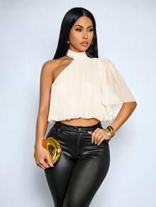 SOLERSUN 女士优雅不对称单肩闪亮面料垂褶雪纺衬衫杏色闪光条纹泡泡袖女式衬衫 - 杏色 - 查看 1