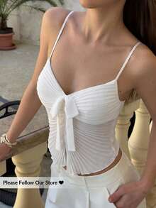 Aloruh Camiseta de tirantes finos con cuello en V y lazo romántica para una cita de boda para mujeres - Blanco - Ver 6