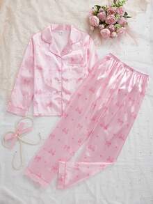 2件套女童可爱蝴蝶结印花翻领开衫和休闲裤舒适睡衣套装 - 粉色 - 查看 6