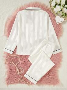 Conjunto de pijama de 2 piezas con cárdigan de manga larga a rayas color champán y pantalones para niñas - Blanco - Ver 8