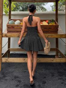 Sunnyshic 女士度假黑白波点垂褶领系带拼接连衣裙 - 黑與白 - 查看 2