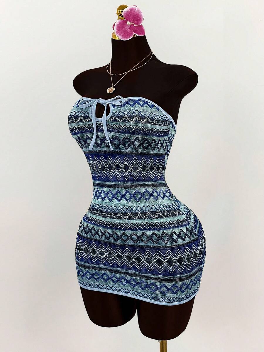 Amplova 波西米亚风纹理面料镂空胸部系带紧身迷你连衣裙 - 淺藍色 - 查看 1