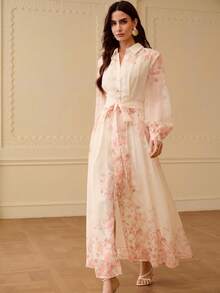 ZEYLAH Vestido camisero elegante de manga larga con estampado floral para mujer - Albaricoque - Ver 1