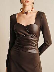 Revavyn Revavyn Chic Dark Brown Long Sleeve Maxi Dress, Elegant Square Neck With Sweetheart Bust, Faux Leather Ruched Corset Waist, Satin-Feel A-Line Floor-Length Skirt, Slimming Bodycon Silhouette, Formal Evening Gown For Cocktail Party, Wedding Guest, Date Night, Business Dinner, Sophisticated Minimalist Luxury Dress For Women - Brown - View 1