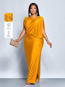 SOLERSUN 大码女式派对通勤优雅棕色亮面针织面料无袖露肩不对称领肩部褶裥臀部收褶性感H型下摆侧开衩长裙，圆领腰包搭配折叠臀部褶裥的超长连衣裙，不对称拼接褶裥，秋冬季，派对礼服，舞会礼服，奢华晚礼服，毕业礼服，黑色连衣裙 - 橘色 - 查看 1