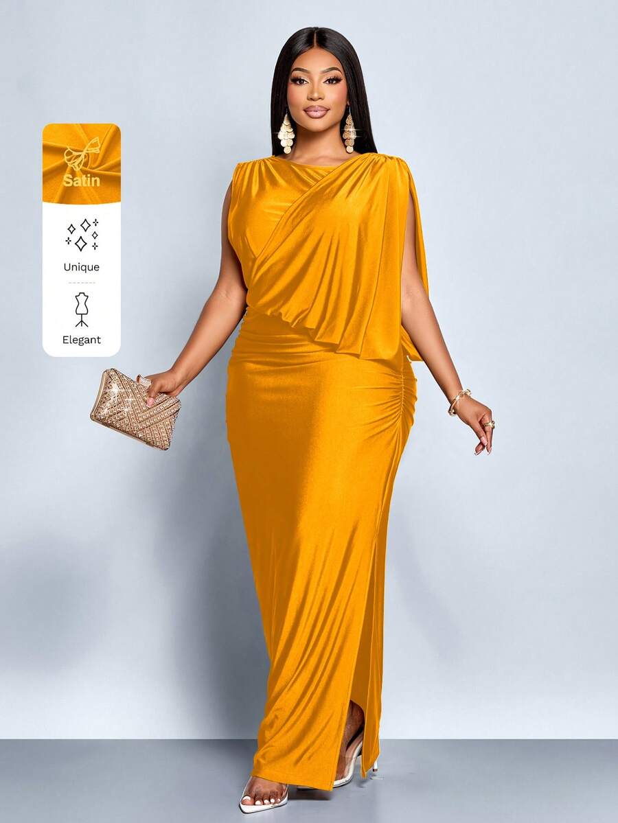 SOLERSUN 大码女式派对通勤优雅棕色亮面针织面料无袖露肩不对称领肩部褶裥臀部收褶性感H型下摆侧开衩长裙，圆领腰包搭配折叠臀部褶裥的超长连衣裙，不对称拼接褶裥，秋冬季，派对礼服，舞会礼服，奢华晚礼服，毕业礼服，黑色连衣裙 - 橘色 - 查看 1