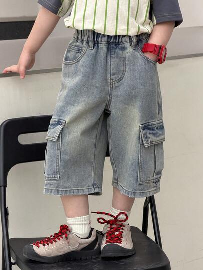 DAZY Young Boy Elastic Waist Slant Pocket Casual Loose Denim Shorts