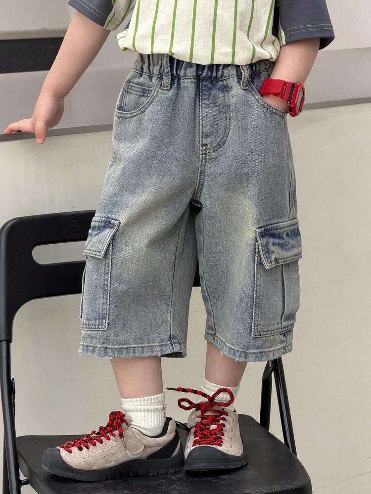 Young Boy Elastic Waist Slant Pocket Casual Loose Denim Shorts Summer